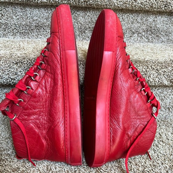 Balenciaga Arena Men's Red Leather High Top Sneakers. - Picture 9 of 14